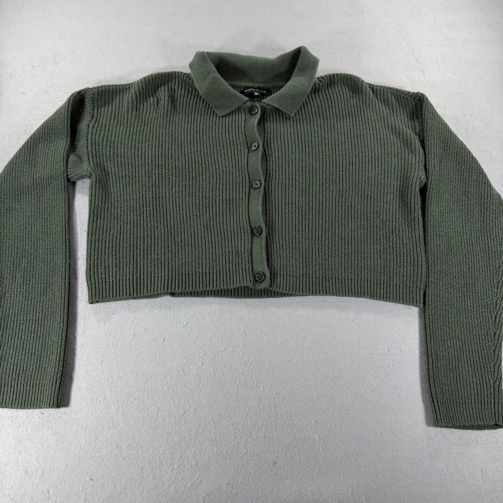 Kendall & Kylie Womens Olive Green Ribbed Cropped Cardigan Sweater Size M